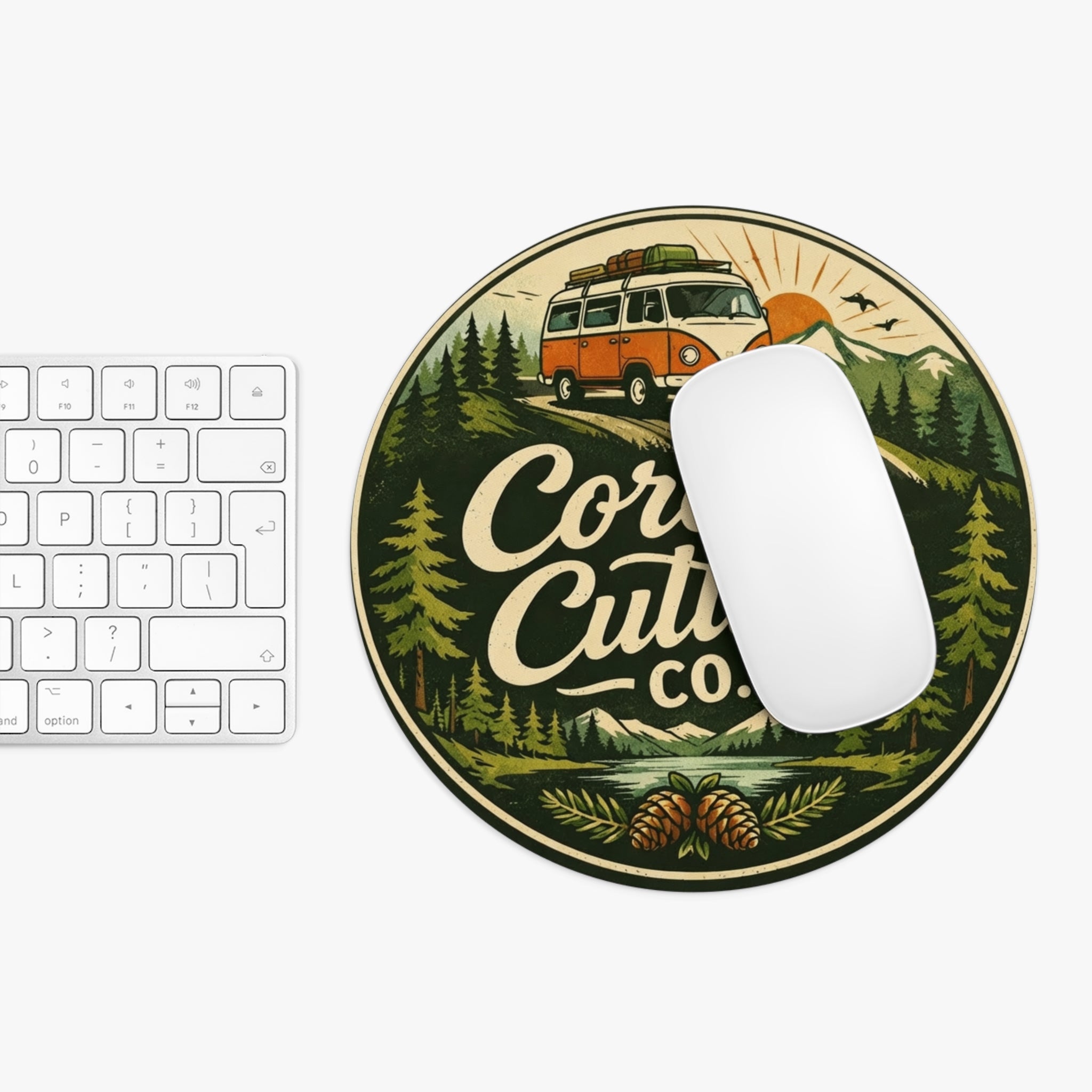 Round Vintage Camper Mouse Pad — "Core Culture Co." Outdoor Adventure Desk Mat