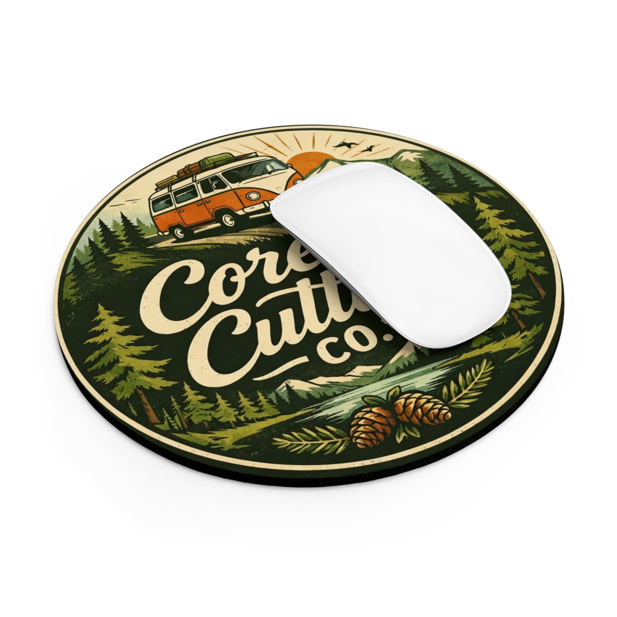 Round Vintage Camper Mouse Pad — "Core Culture Co." Outdoor Adventure Desk Mat