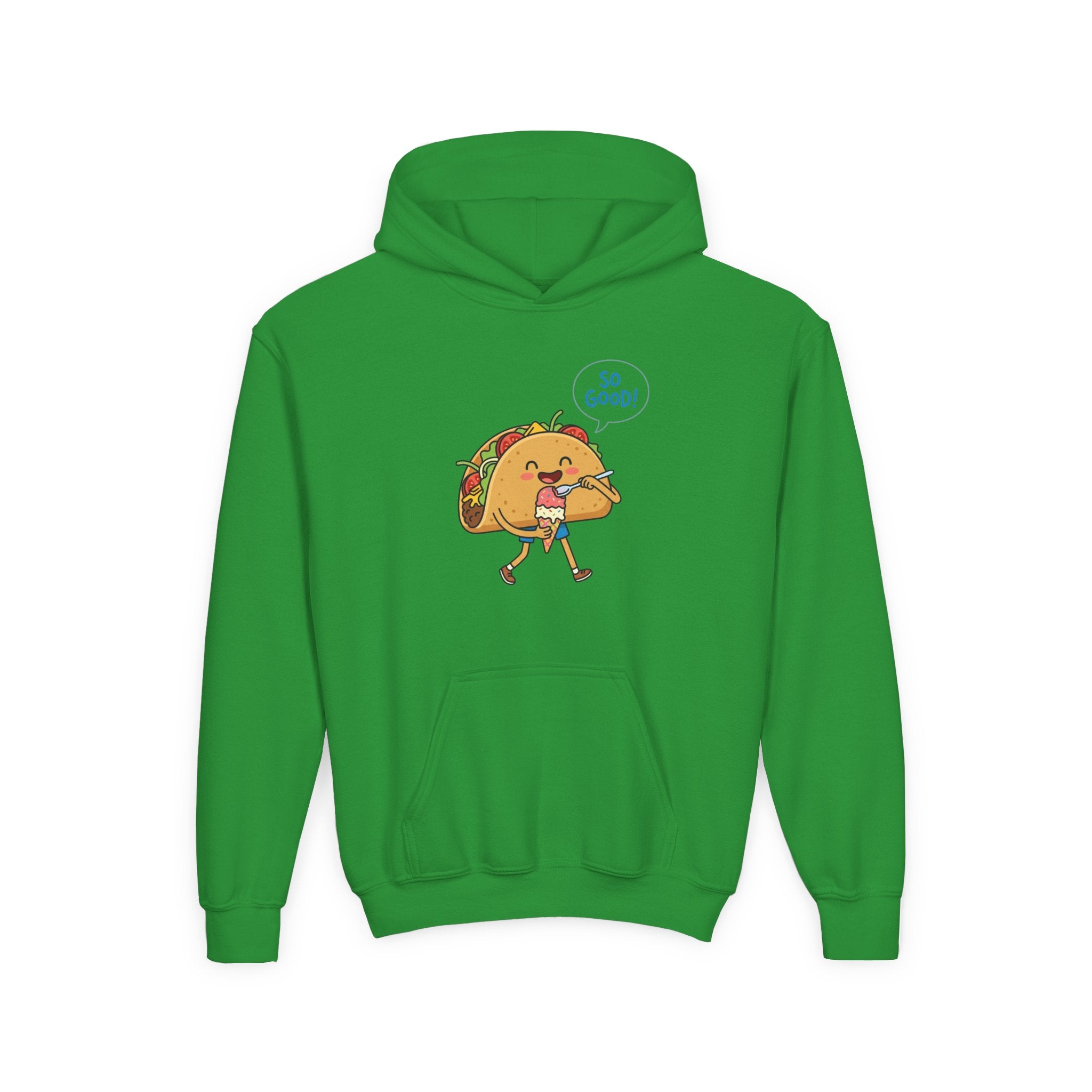 Youth Hoodie — Cute Walking Taco Graphic "So Good!" Kids Pullover