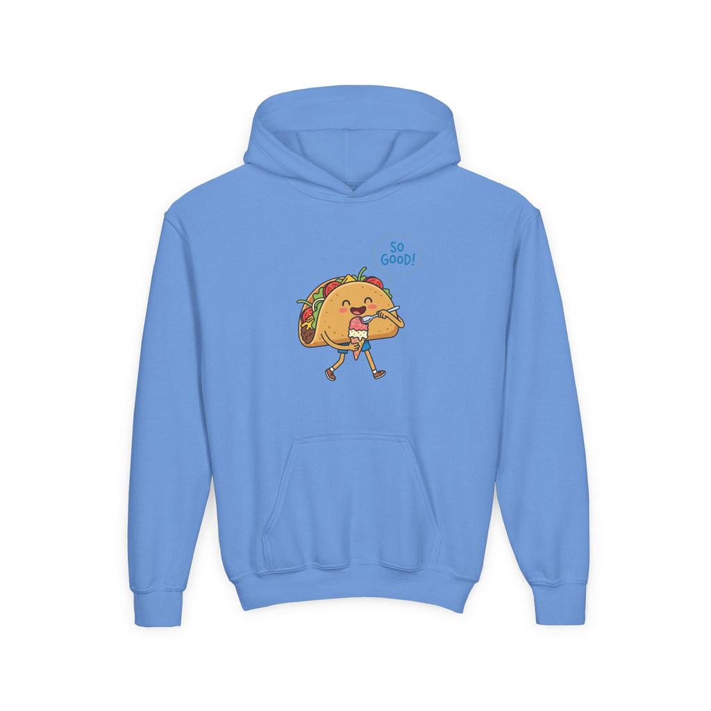 Youth Hoodie — Cute Walking Taco Graphic "So Good!" Kids Pullover
