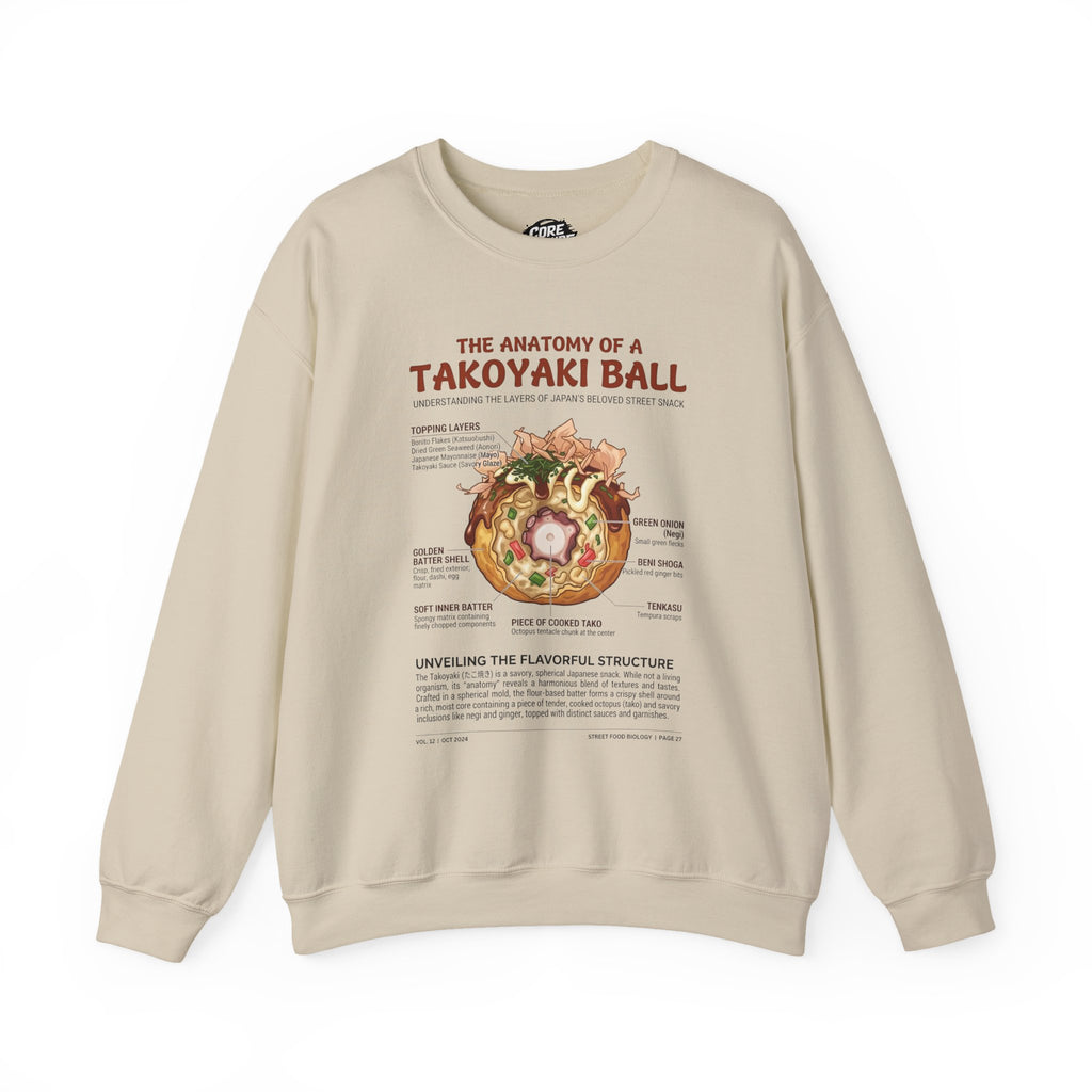 Front view of aa ivory sweatshirt with a detailed technical biological diagram of a takoyaki ball, labeled with scientific-style annotations.