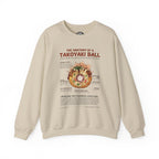 Front view of aa ivory sweatshirt with a detailed technical biological diagram of a takoyaki ball, labeled with scientific-style annotations.