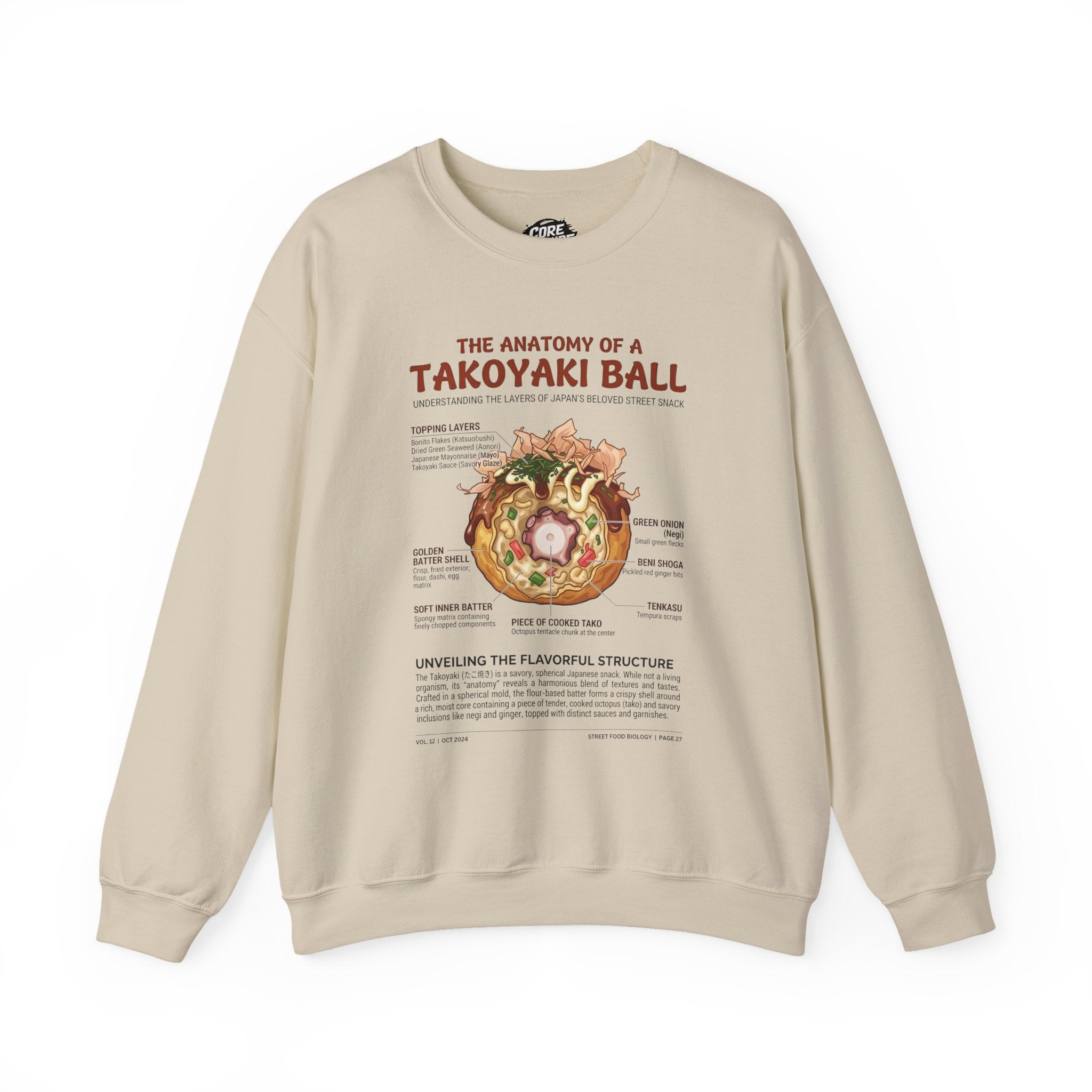 Front view of aa ivory sweatshirt with a detailed technical biological diagram of a takoyaki ball, labeled with scientific-style annotations.