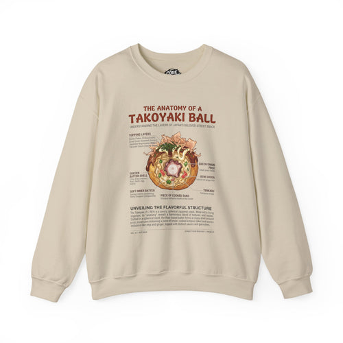 Front view of aa ivory sweatshirt with a detailed technical biological diagram of a takoyaki ball, labeled with scientific-style annotations.