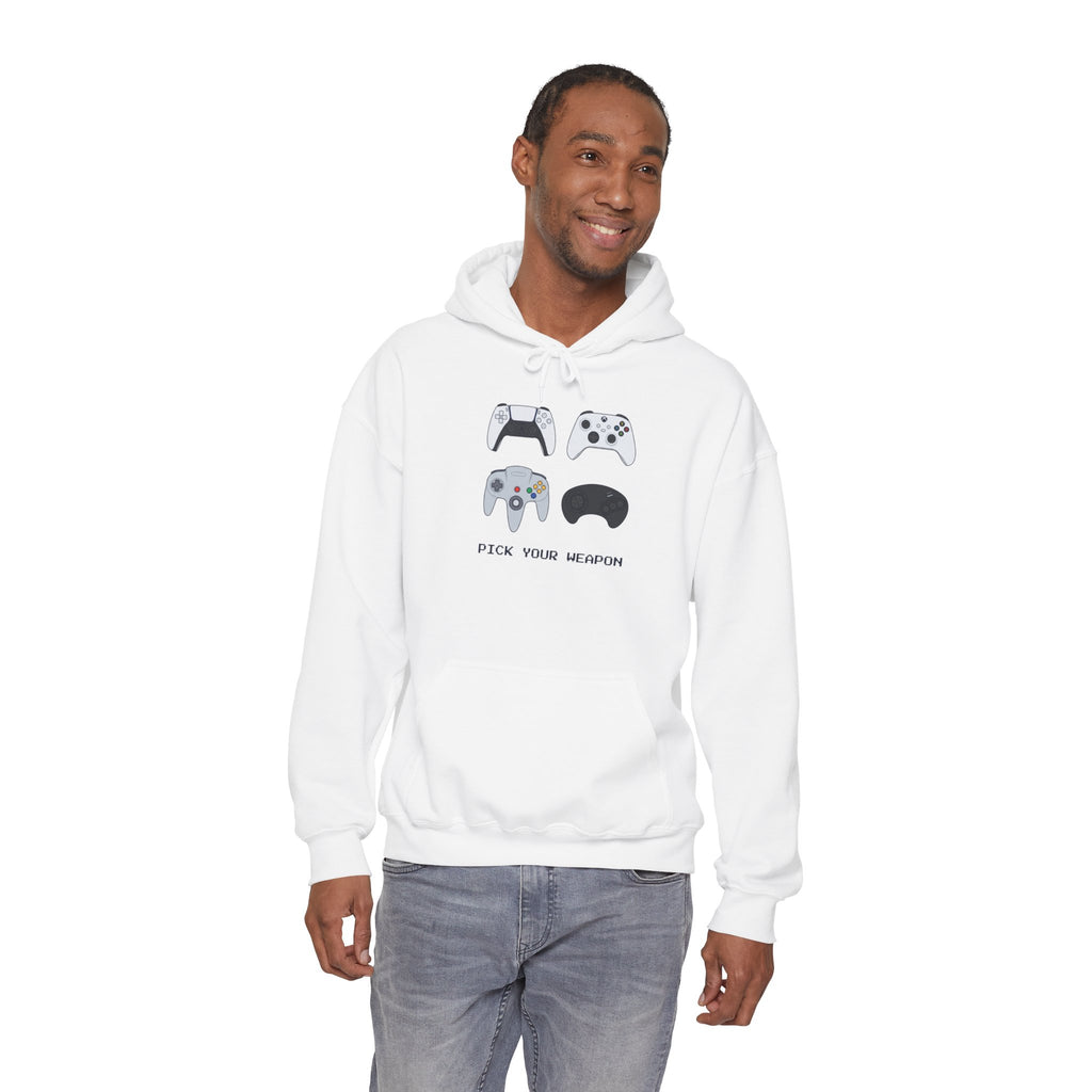 Gaming Controllers Hoodie — “Pick Your Weapon” Retro Console Controller Sweatshirt