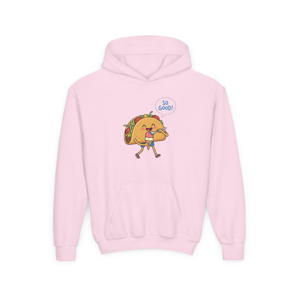 Youth Hoodie — Cute Walking Taco Graphic "So Good!" Kids Pullover