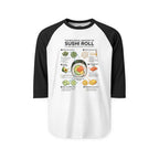 A three-quarter sleeve raglan t-shirt with black sleeves and a white body featuring a textbook-style sushi roll diagram.