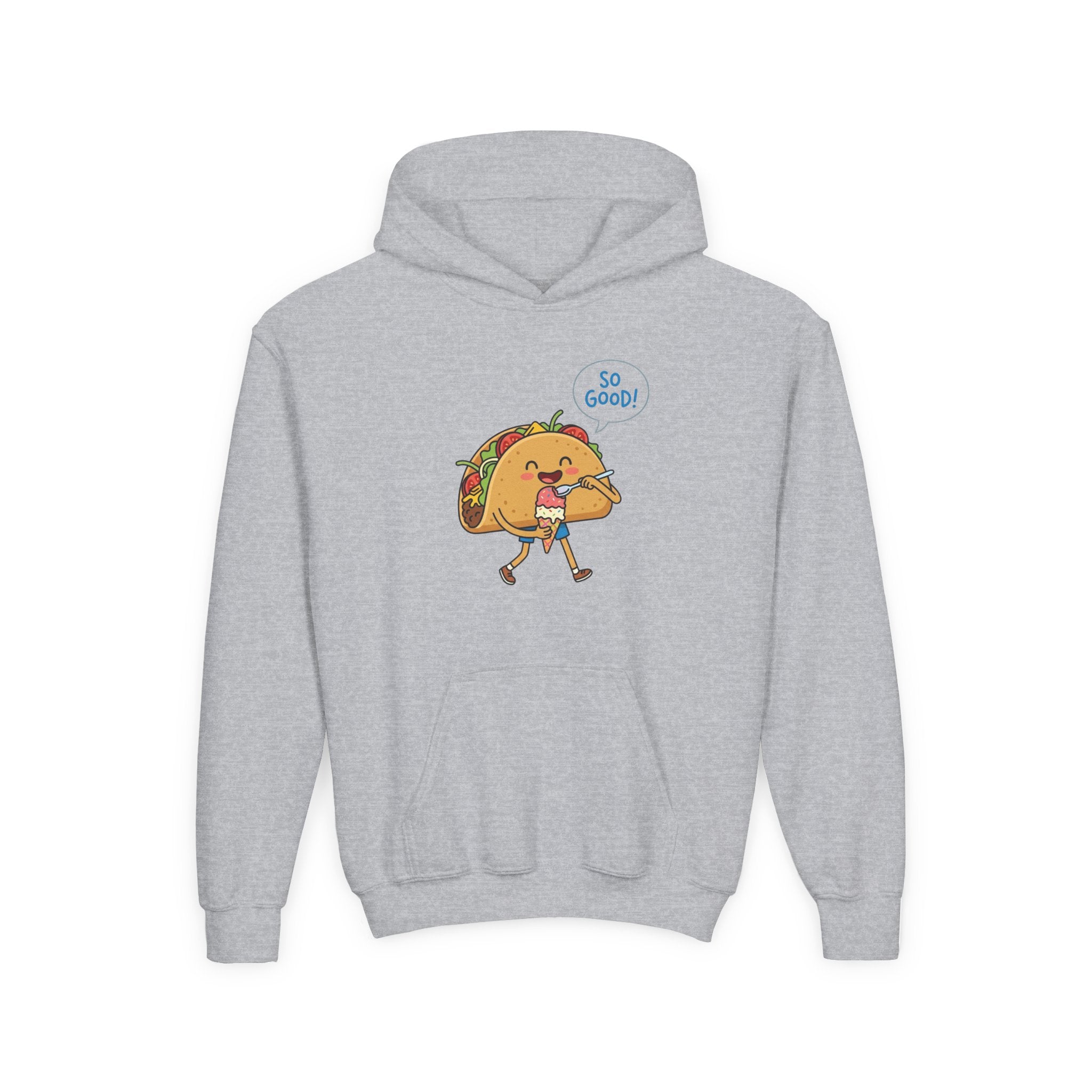 Youth Hoodie — Cute Walking Taco Graphic "So Good!" Kids Pullover