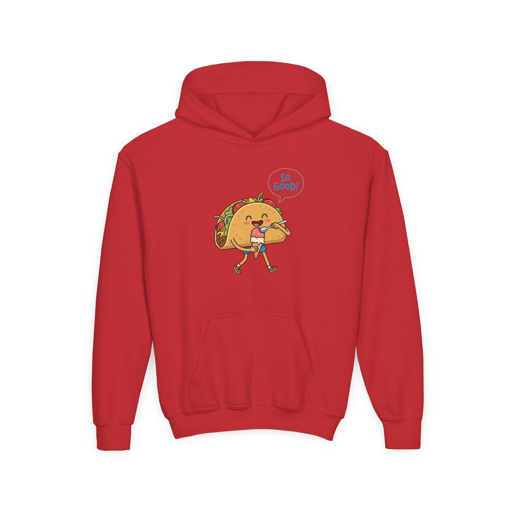 Youth Hoodie — Cute Walking Taco Graphic "So Good!" Kids Pullover