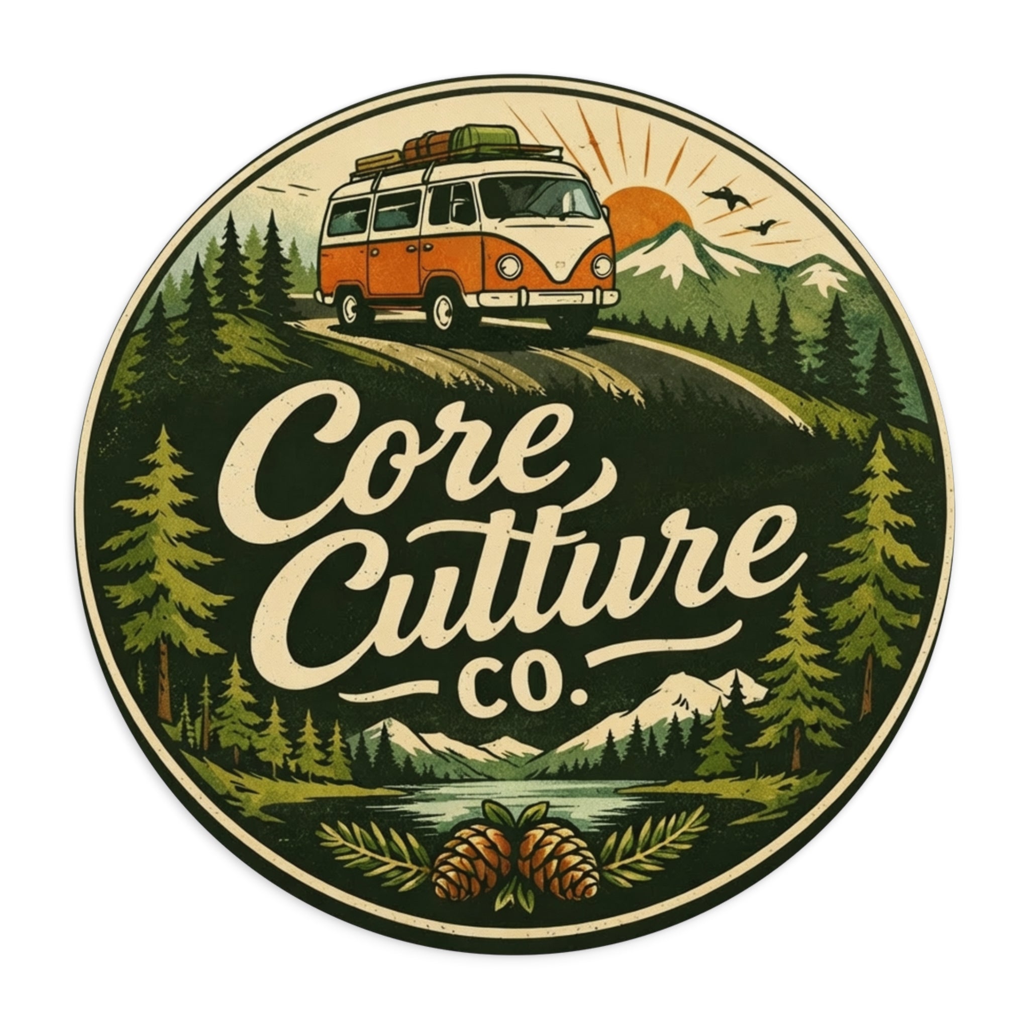 Round Vintage Camper Mouse Pad — "Core Culture Co." Outdoor Adventure Desk Mat