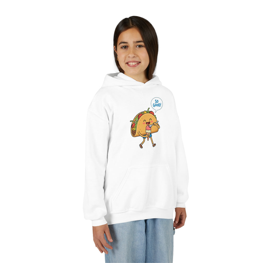 Youth Hoodie — Cute Walking Taco Graphic "So Good!" Kids Pullover