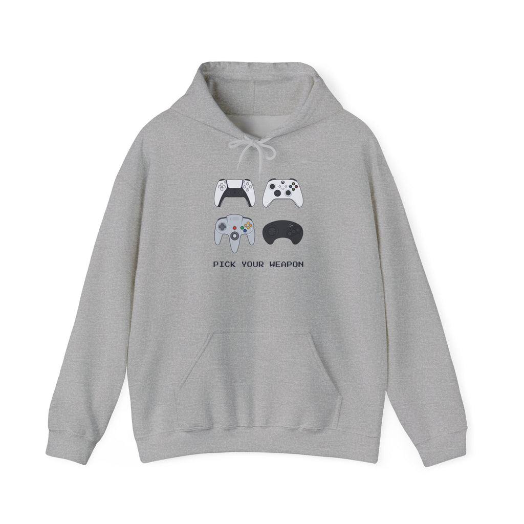 Gaming Controllers Hoodie — “Pick Your Weapon” Retro Console Controller Sweatshirt