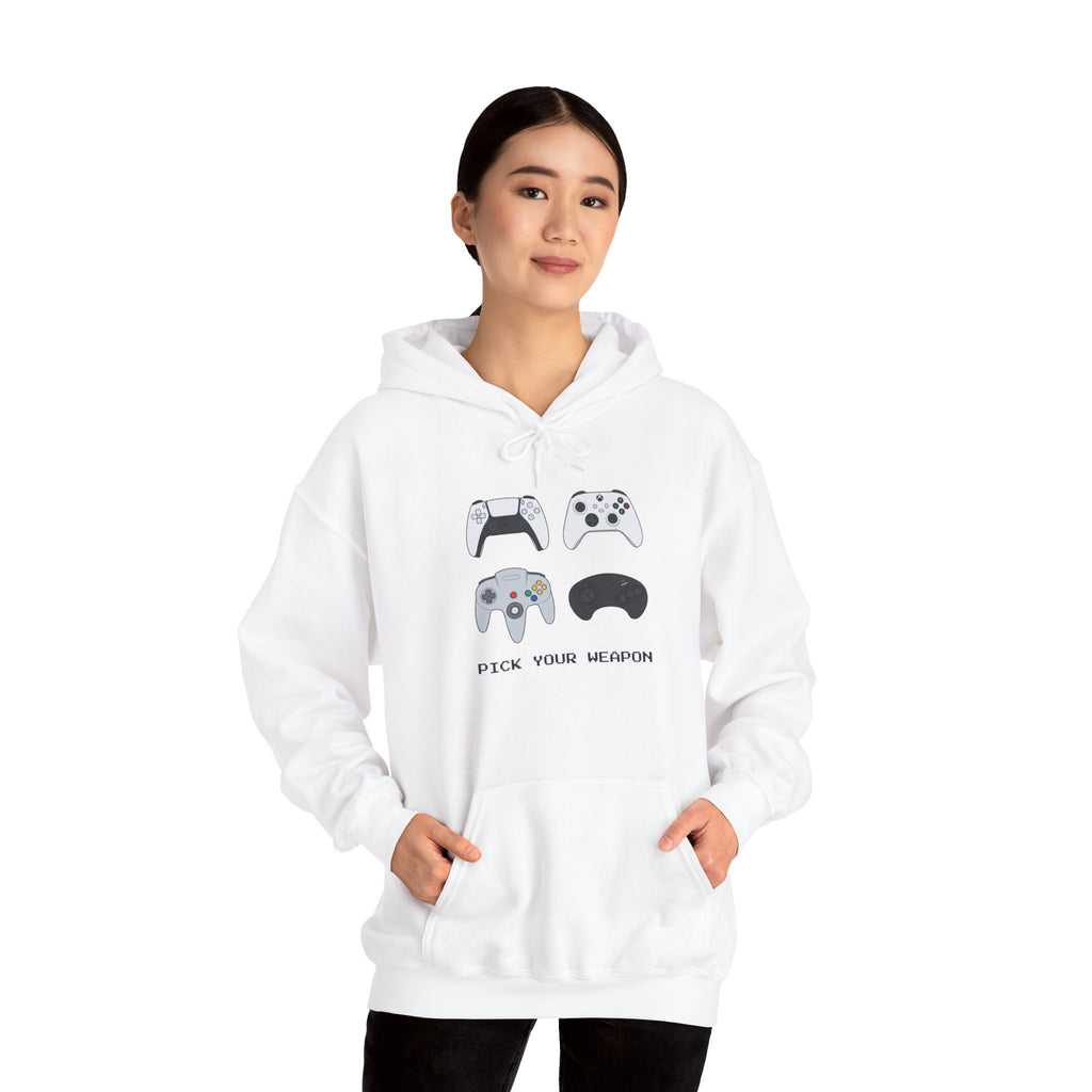 Gaming Controllers Hoodie — “Pick Your Weapon” Retro Console Controller Sweatshirt