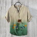 Ukiyo-e Carp Graphic Linen Shirt – Japanese Retro Short Sleeve Polo