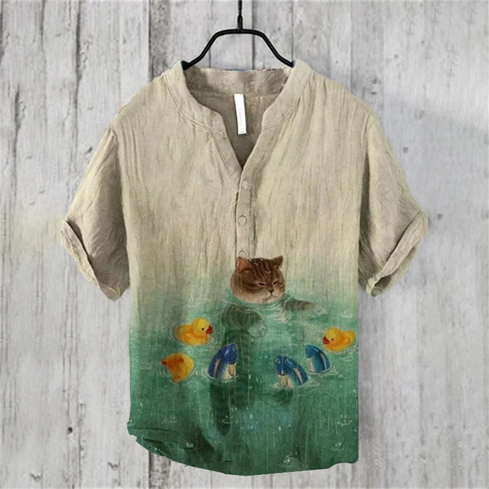 Ukiyo-e Carp Graphic Linen Shirt – Japanese Retro Short Sleeve Polo