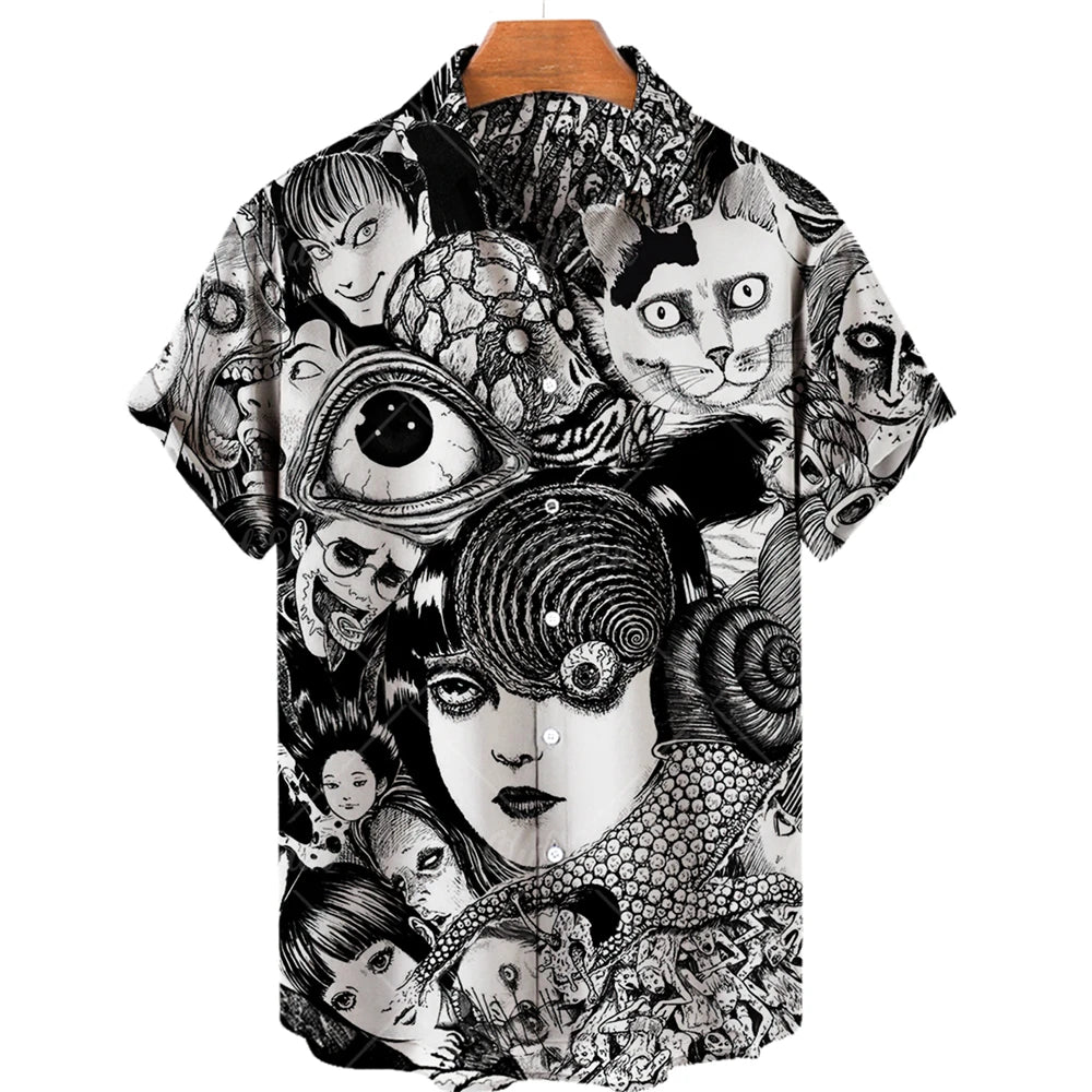 Black and white patterned shirt with Junji Ito Uzumaki reference on a white background