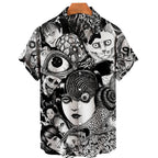 Black and white patterned shirt with Junji Ito Uzumaki reference on a white background