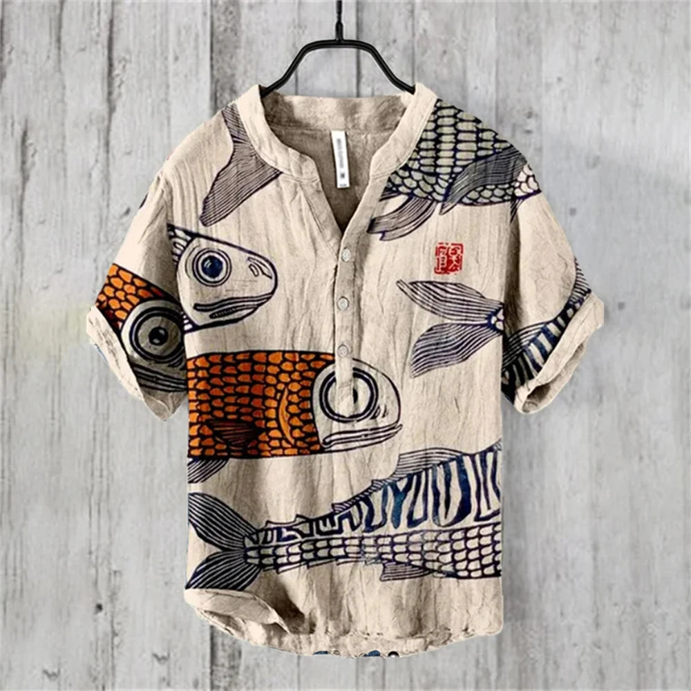 Ukiyo-e Carp Graphic Linen Shirt – Japanese Retro Short Sleeve Polo