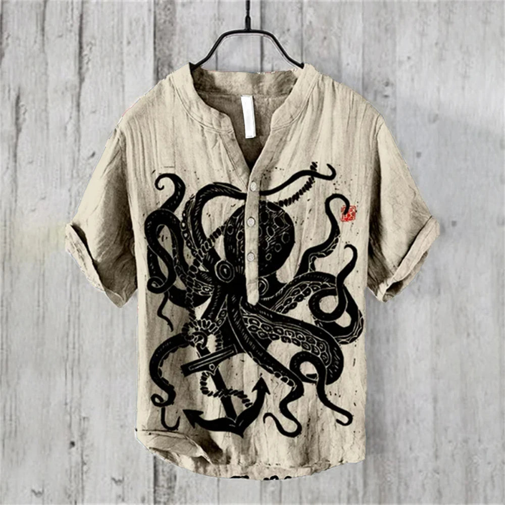 Ukiyo-e Carp Graphic Linen Shirt – Japanese Retro Short Sleeve Polo