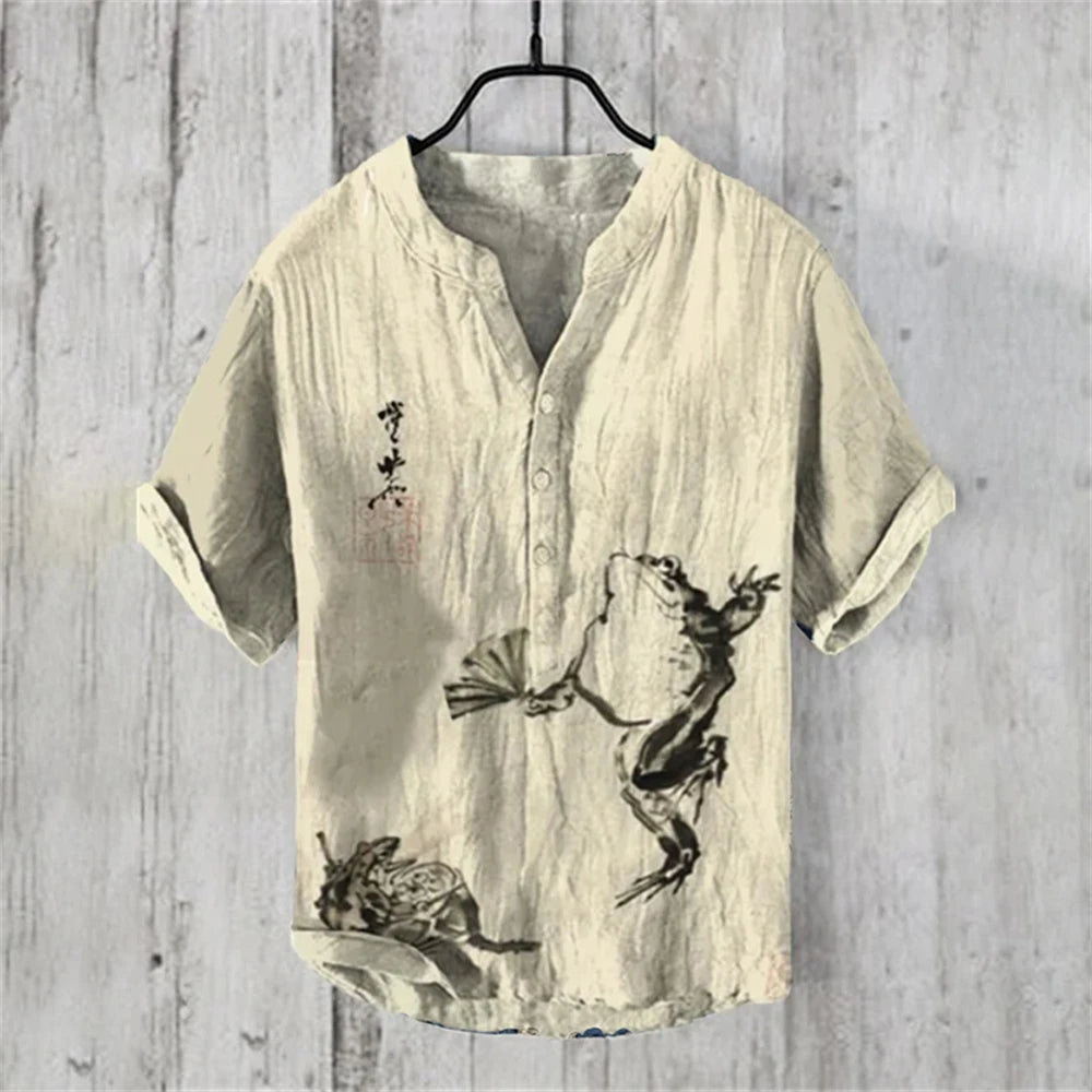 Ukiyo-e Carp Graphic Linen Shirt – Japanese Retro Short Sleeve Polo