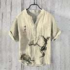 Ukiyo-e Carp Graphic Linen Shirt – Japanese Retro Short Sleeve Polo
