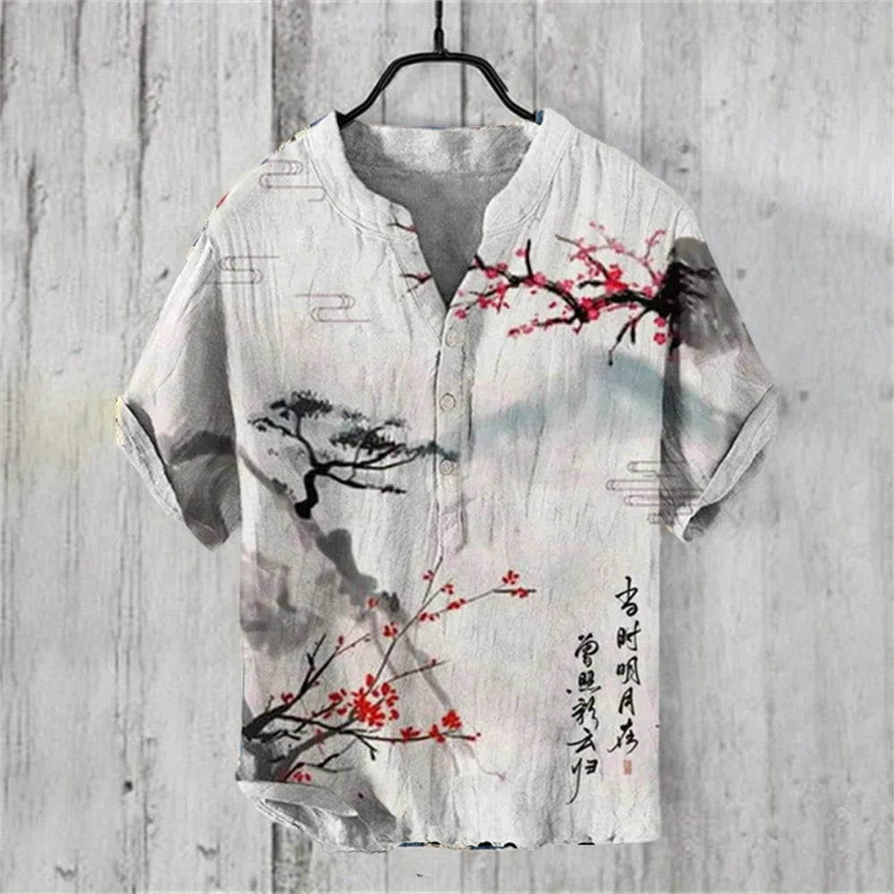 Ukiyo-e Carp Graphic Linen Shirt – Japanese Retro Short Sleeve Polo