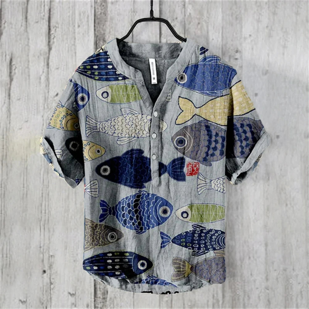 Ukiyo-e Carp Graphic Linen Shirt – Japanese Retro Short Sleeve Polo