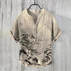 Ukiyo-e Carp Graphic Linen Shirt – Japanese Retro Short Sleeve Polo