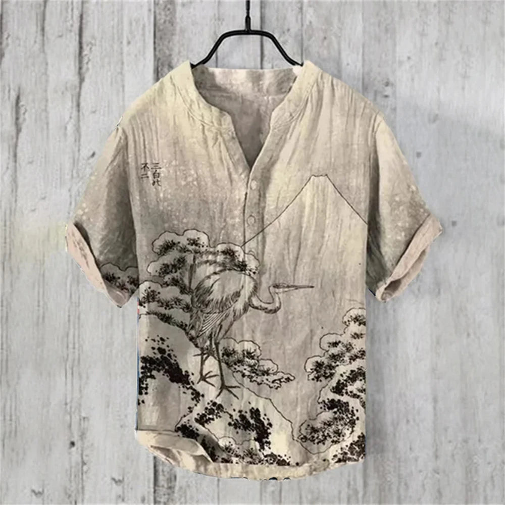 Ukiyo-e Carp Graphic Linen Shirt – Japanese Retro Short Sleeve Polo
