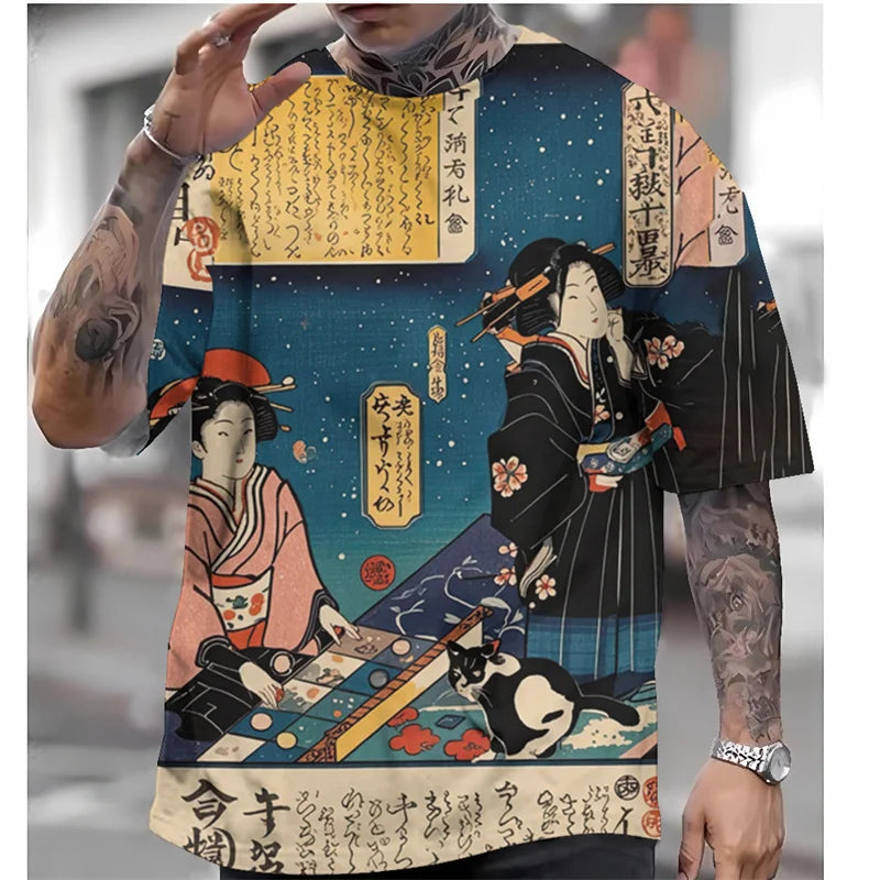 Person wearing a t-shirt with traditional Japanese design featuring geisha and a cat.