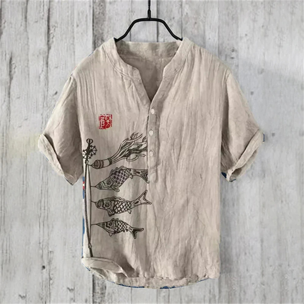 Ukiyo-e Carp Graphic Linen Shirt – Japanese Retro Short Sleeve Polo