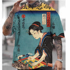 T-shirt with a traditional Japanese design featuring a woman and a cat.