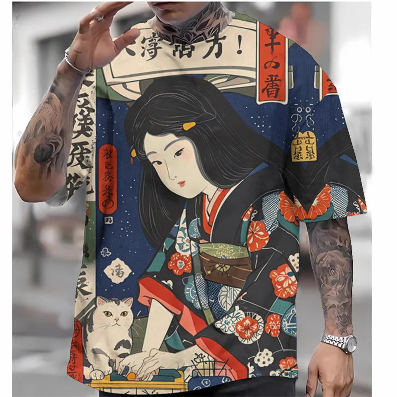 Person wearing a colorful kimono-style shirt with traditional Japanese design