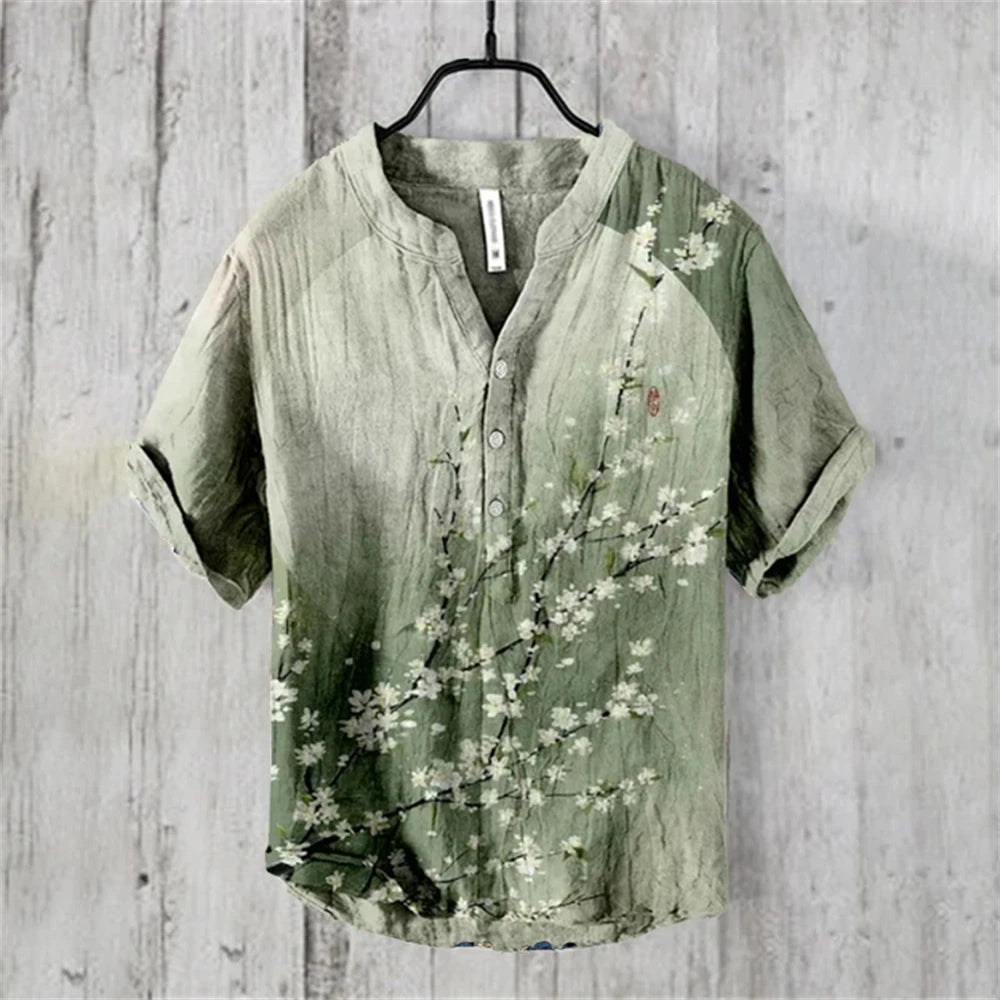 Ukiyo-e Carp Graphic Linen Shirt – Japanese Retro Short Sleeve Polo