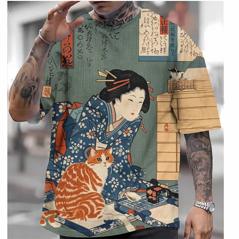 Person wearing a shirt with a geisha and cat design, standing in front of a blurred background.