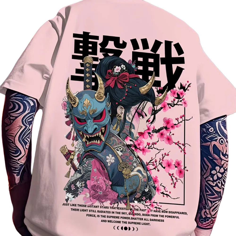 Geisha Oni Samurai Graphic Tee – Japanese Streetwear Loose Fit