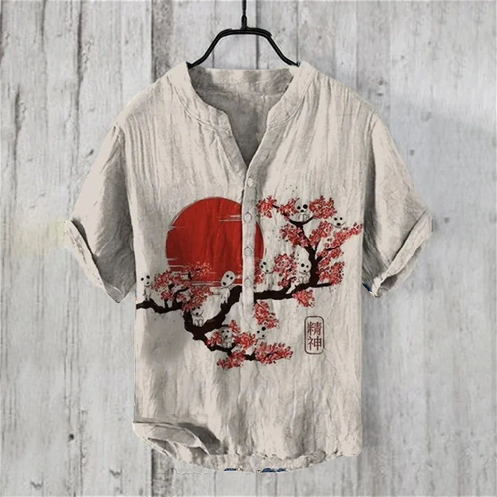 Ukiyo-e Carp Graphic Linen Shirt – Japanese Retro Short Sleeve Polo