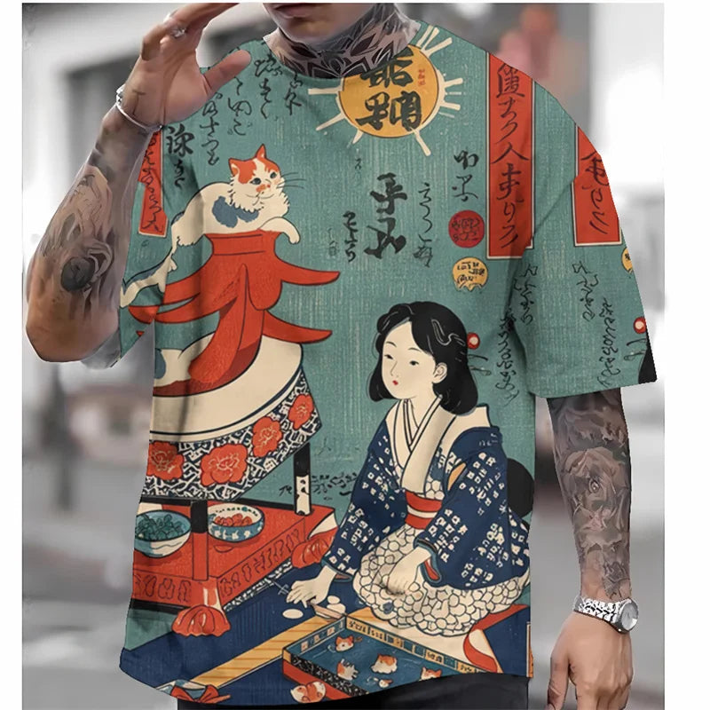 Shirt with traditional Japanese design featuring a woman and a cat, held by a person with tattoos.