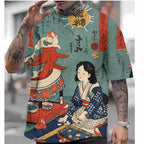 Shirt with traditional Japanese design featuring a woman and a cat, held by a person with tattoos.