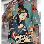 T-shirt with a design of a woman in traditional attire and cats, worn by a person.