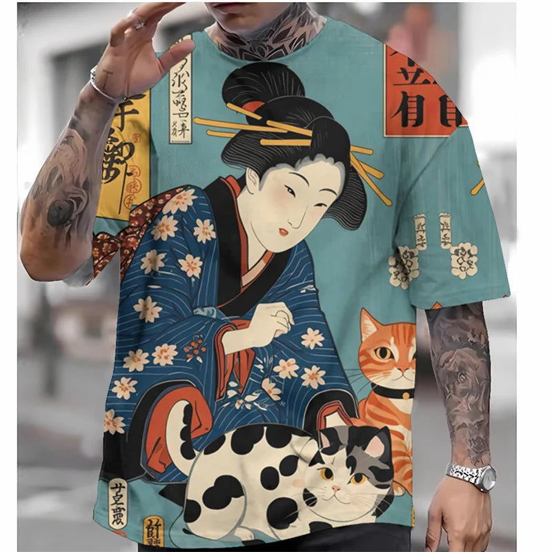 T-shirt with a design of a woman in traditional attire and cats, worn by a person.