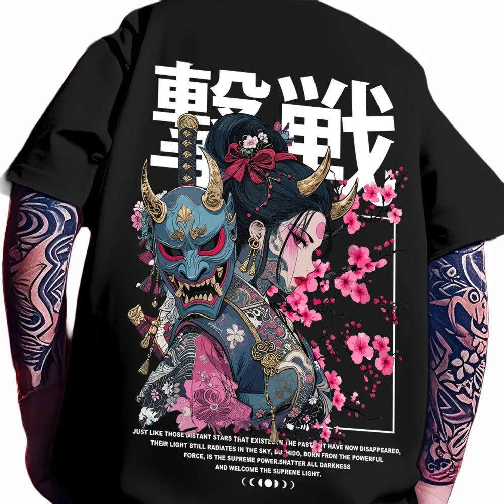 Geisha Oni Samurai Graphic Tee – Japanese Streetwear Loose Fit