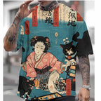 Person wearing a t-shirt with a traditional Japanese design featuring a woman in a kimono and black cats.