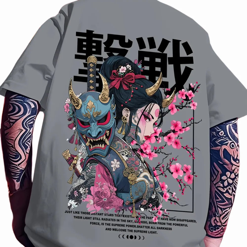 Geisha Oni Samurai Graphic Tee – Japanese Streetwear Loose Fit