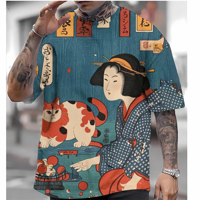 Person wearing a shirt with a traditional Japanese design featuring a woman and a cat.