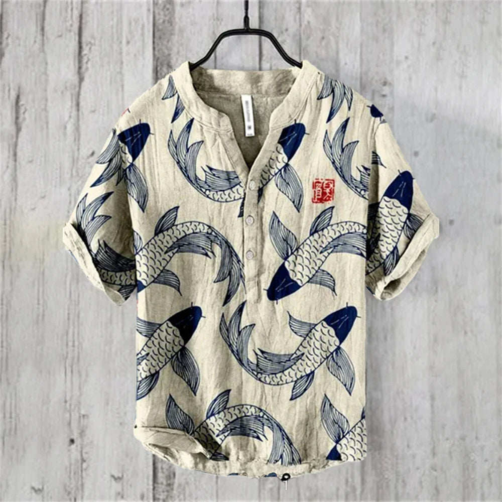 Ukiyo-e Carp Graphic Linen Shirt – Japanese Retro Short Sleeve Polo