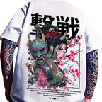 T-shirt with a colorful design of a samurai woman with cherry blossoms, featuring Japanese text.