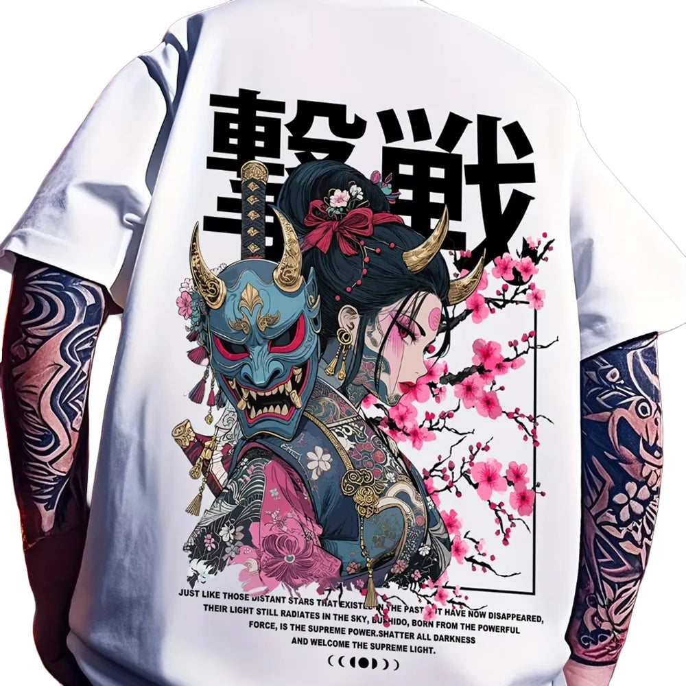 T-shirt with a colorful design of a samurai woman with cherry blossoms, featuring Japanese text.