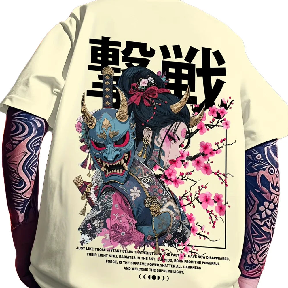 Geisha Oni Samurai Graphic Tee – Japanese Streetwear Loose Fit